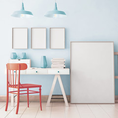 3d illustration interior. Mockup in hipster style workspace. trend color.
