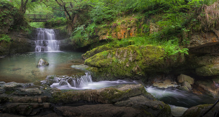Fototapeta premium Waterfall at Dinas Rock Sgydau Sychryd or the Sychryd Cascades is a set of waterfalls near Pontneddfechan, South Wales.