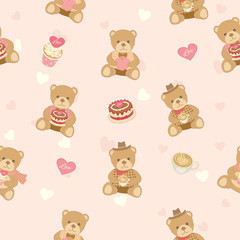 Illustration vector of lover bear with cakes and coffee decoration into seamless pattern background.Pastel color for bakery cafe  shop.