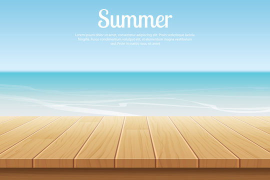 summer background blue sky with sea and wooden for product