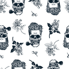 Hipster naadloos patroon met schedelssilhouetten, bloemenrozen. Schedels in vintage gravure stijl. Snor, baard, tabakspijpen. Zwart-wit vectorillustratie.