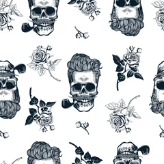 Printed kitchen splashbacks Human skull in flowers Hipster seamless pattern with skulls silhouettes, flowers roses. Sculls in vintage engraving style. Mustache, beard, tobacco pipes. Black and white Vector illustration.