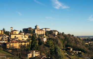 Fototapeta na wymiar View over Citta Alta or Old Town buildings in the ancient city of Bergamo, Lombardia, Italy on a clear day