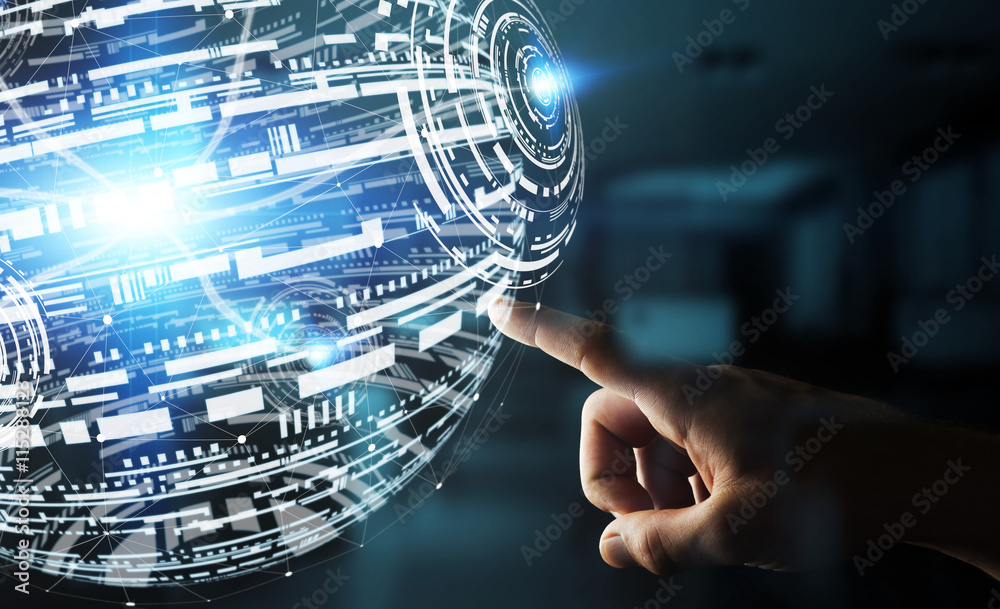 Poster businessman using data network with his fingers