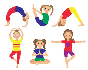 Vector illustration of kid yoga positions. Children activities Set