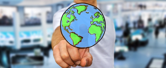 Businessman touching hand drawn planet earth