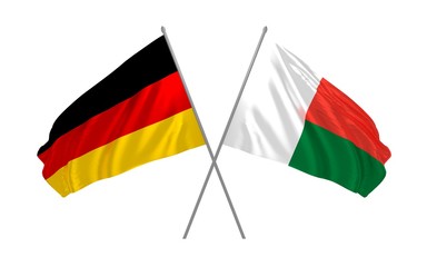 3d illustration of Germany and Madagascar flags together waving in the wind