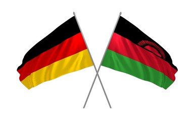 3d illustration of Germany and Malawi flags together waving in the wind