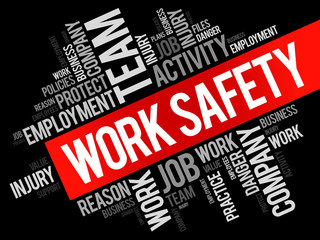 Work Safety word cloud collage with terms such as employee, company, business concept background