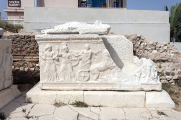 scene depicting the abduction of persephone on sarcophagus XVIII, roman cemetery of Fiskardo,...