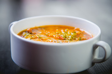 delicious soup in a dish in a restaurant