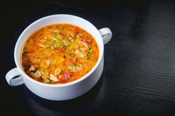 delicious soup in a dish in a restaurant