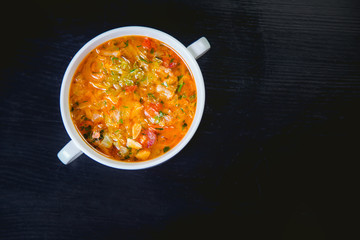 delicious soup in a dish in a restaurant