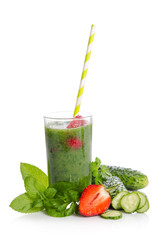 Green smoothie as healthy summer drink isolated on white backgro