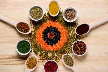 Spices  in spoons and on wooden table