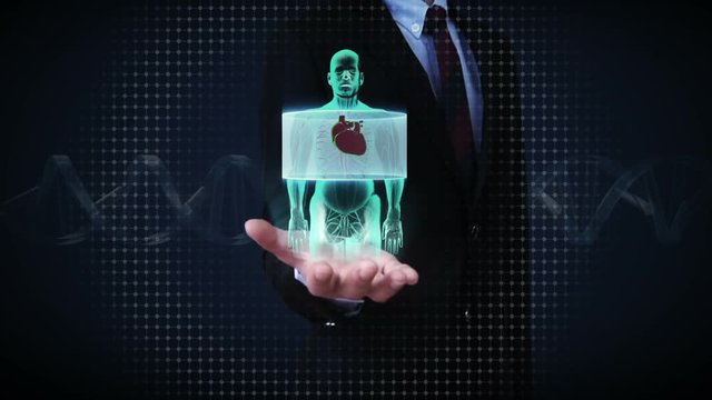 Businessman open palm, Zooming front body and scanning heart. Human cardiovascular system, Blue X-ray light.