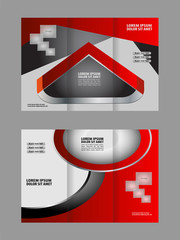 Template design of red trifold brochure with stripes and circles. Editable and light vector with places for photos. Proportionally A4
