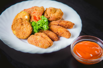 vegetables deep fried, french fries with ketchup tasty