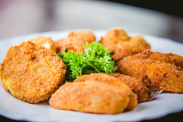 vegetables deep fried, french fries with ketchup tasty