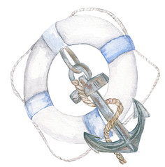 Marine theme blue. Watercolor.  Life ring, anchor