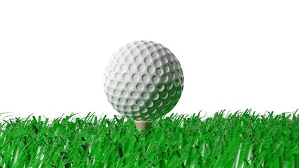 3D rendering of golf ball on grass, isolated on white background.