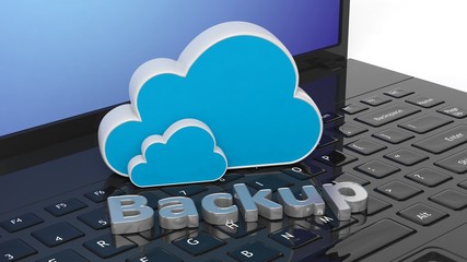 3D rendering of laptops keyboard with Backup text and cloud icons, closeup background.