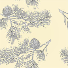 Naklejka premium Seamless texture branch Pine and pine cone as vintage engraving natural background vector illustration