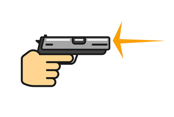 Hand holding gun shooting vector, flat cartoon outline pistol in hand