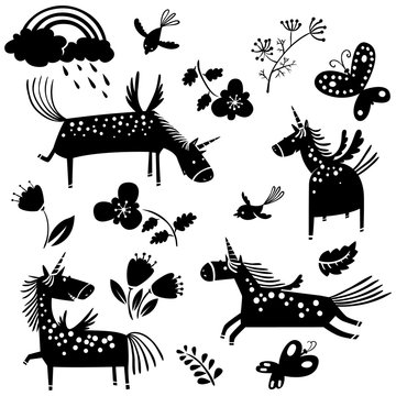 Vector unicorn silhouettes and flowers, birds and butterflies