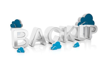 3D rendering of Backup text with Cloud symbols , isolated on white background.