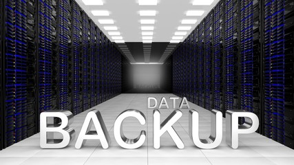 3D rendering of datacenter with Data Backup text , isolated on white background.