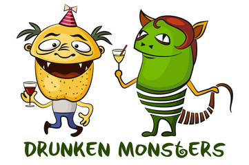 Set of Funny Drunken Cartoon Monsters with Alcohol Drinks, Colorful Toy Characters in Holiday Caps, Smiling and Dancing, Elements for your Party Design, Prints and Banners, Isolated on White. Vector