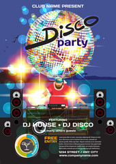 Vector summer party invitation disco style. Night beach, dj, pal