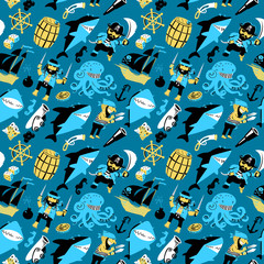 Retro seamless pattern with pirates and shark and underwater life