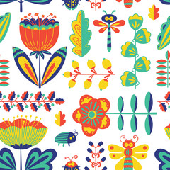  summer decorative floral seamless pattern with bugs and dragonfly