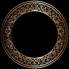 drawing of a round bronze gradient frame  with floral ornament on a black background