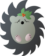 Drawing of a cute cartoon gray hedgehog with green leaves and red berries on a head