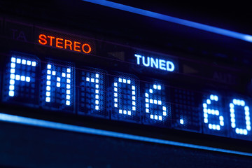 FM tuner radio display. Stereo digital frequency station tuned