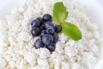 crumbly cottage cheese with blueberries and mint leaves - 115299772