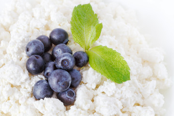 close-up view of crumbly cottage cheese with blueberries and mint leaves - 115299780
