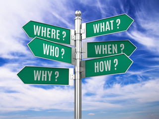 Road signpost with question words. 3d illustration