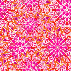 Seamless colorful pattern. Oriental style. Fabric or wallpaper texture. Ethnic Mandala forms. Islam, Arabic, Indian motifs. Abstract Tribal vector. Floral background. Creative elements. Bright pink.