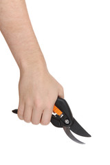 gardening shears on hand isolation on white