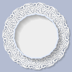 3D round frame, vignette with ornaments, lace frame,  bas-relief ornament,  festive pattern, white pattern, template greetings, vector
