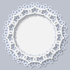 3D round frame, vignette with ornaments, lace frame,  bas-relief ornament,  festive pattern, white pattern, template greetings, vector