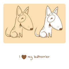 Card with cute cartoon dog breed bullterrier. Children's illustration. Little puppy. Funny baby animal.  Two variants vector contour  image, transparent background and white fill.