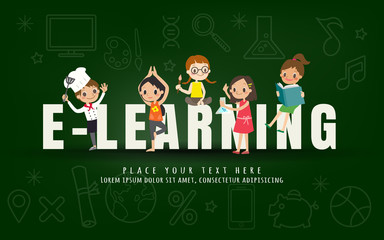 e-learning kids education course concept on chalkboard background