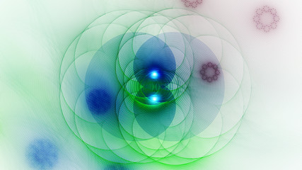 Obraz premium Merge colored spheres. Secrets consciousness.3D surreal illustration. Sacred geometry. Mysterious psychedelic relaxation pattern. Fractal abstract texture. Digital design astrology alchemy magic