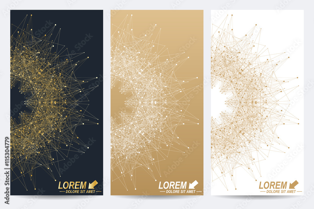 Poster Modern set of vector flyers. Geometric abstract presentation with golden mandala. Molecule and communication background for medicine, science, technology, chemistry.