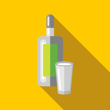Bottle of vodka and wineglass icon in flat style on a yellow background